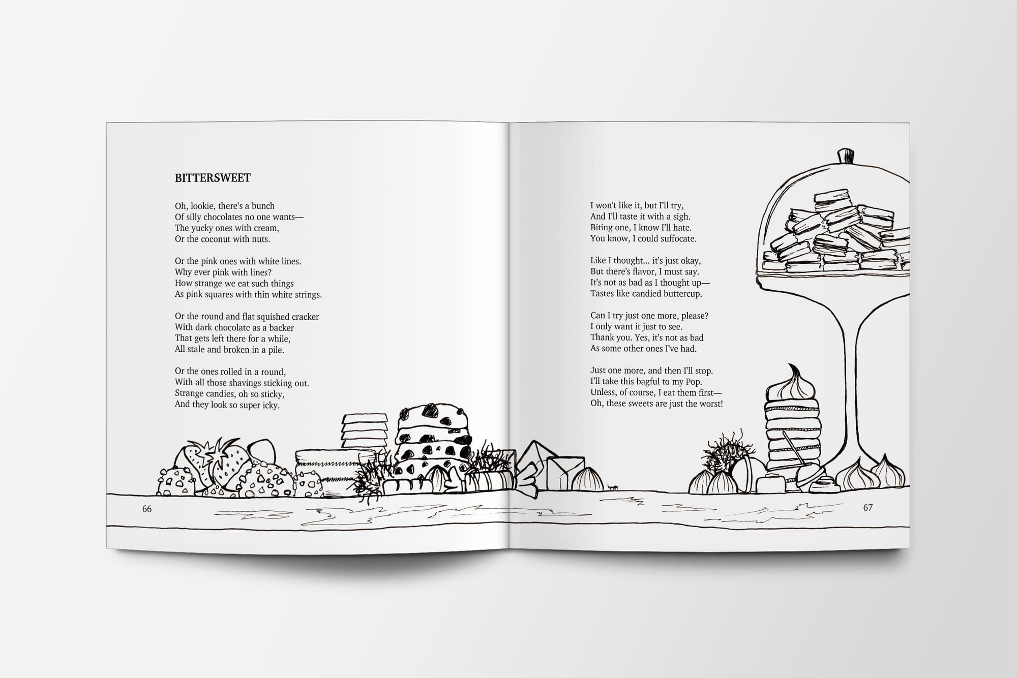 Open book showing Bittersweet poem pages with hand-drawn candy illustration Open book showing Bittersweet poem pages with hand-drawn candy illustration