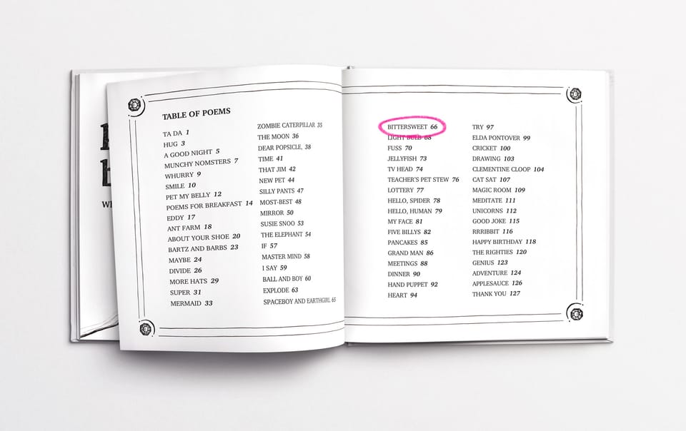 Table of contents from Poems for Breakfast book, highlighting the poem âBittersweetâ among other playful and imaginative titles.